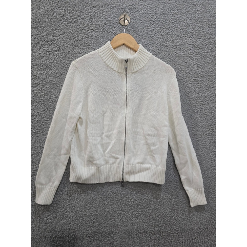 Patriotic White Cotton Full Zip American Flag Mock Neck Sweater Cardigan Medium - Picture 2 of 7